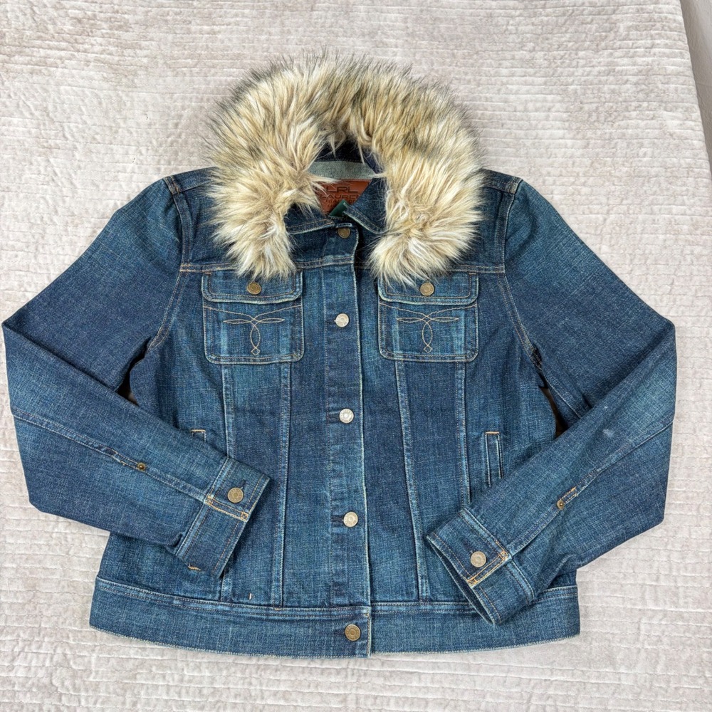 LRL Ralph Lauren Denim Jacket Faux Fur Collar Blue Dark Wash XL